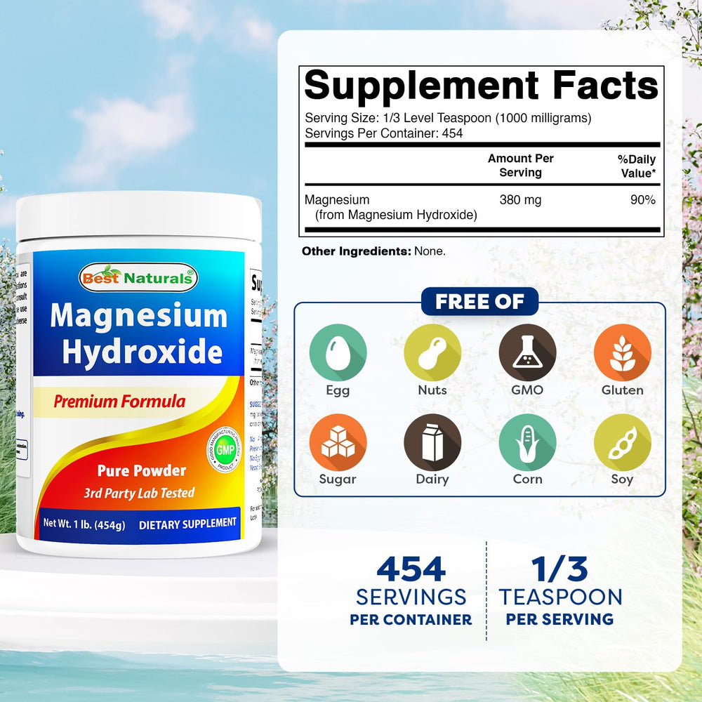 Best Naturals magnesium hydroxide powder serving scoop demonstrates easy dosage for daily use.