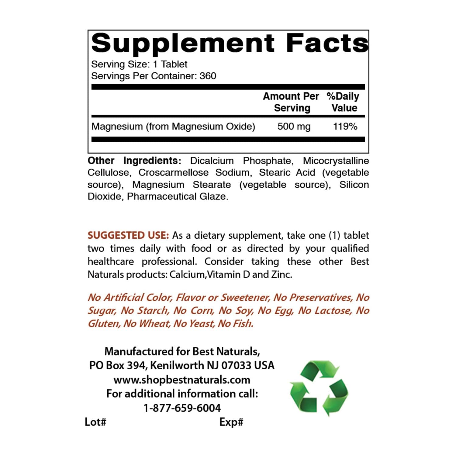 Best Naturals Magnesium Oxide 500mg tablet closeup for simple daily intake