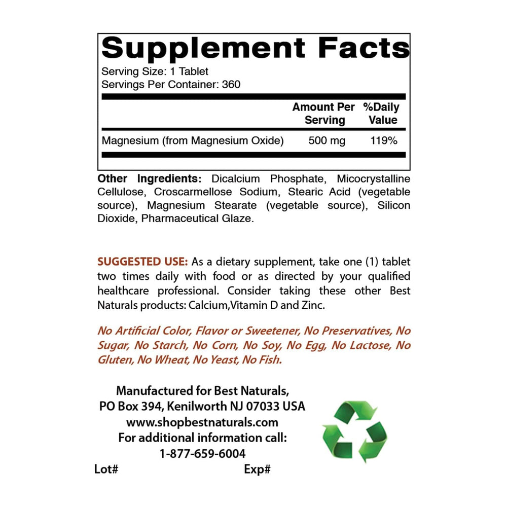 Best Naturals Magnesium Oxide 500mg tablet closeup for simple daily intake