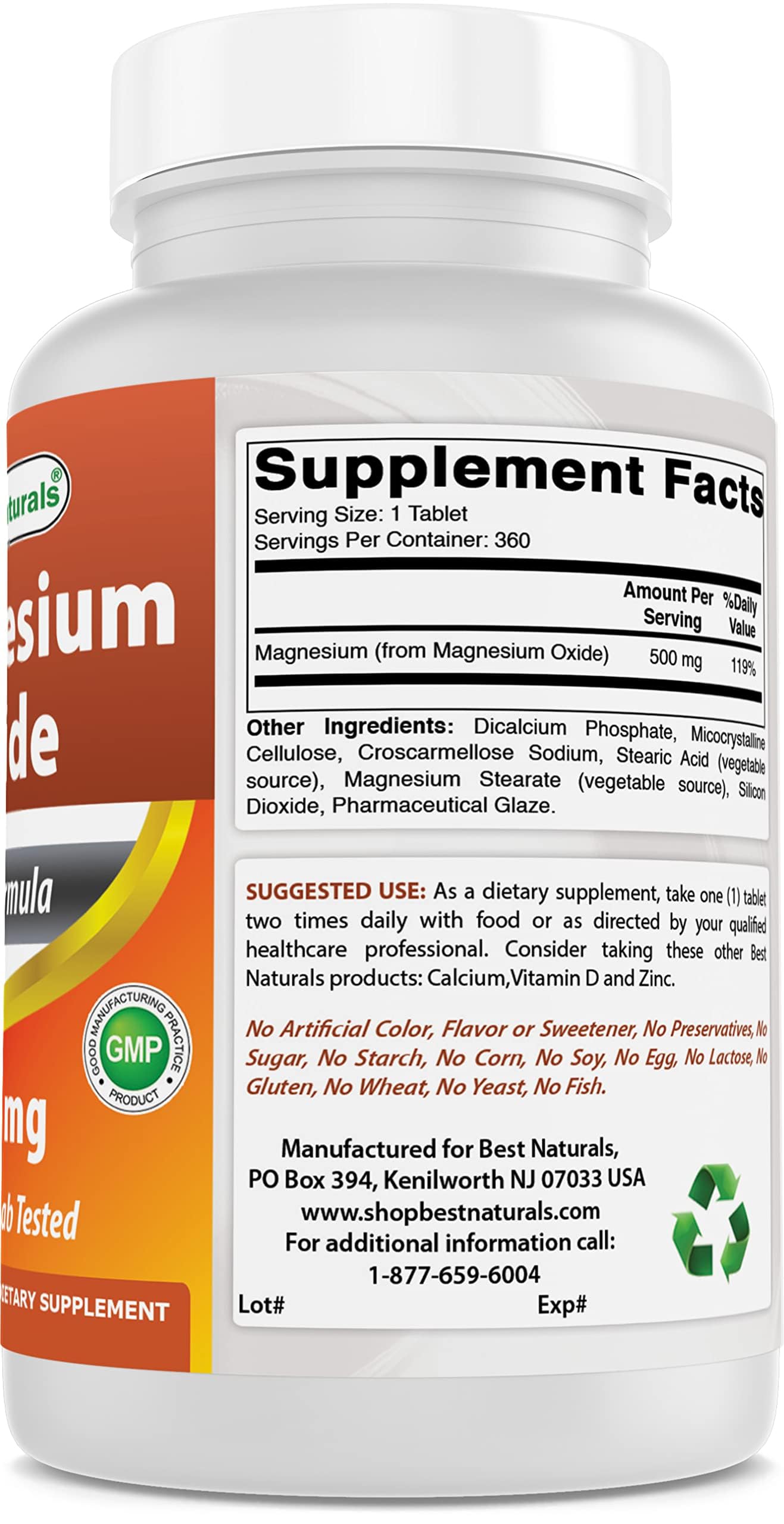 Best Naturals Magnesium Oxide 500mg label highlights allergen free and gluten free