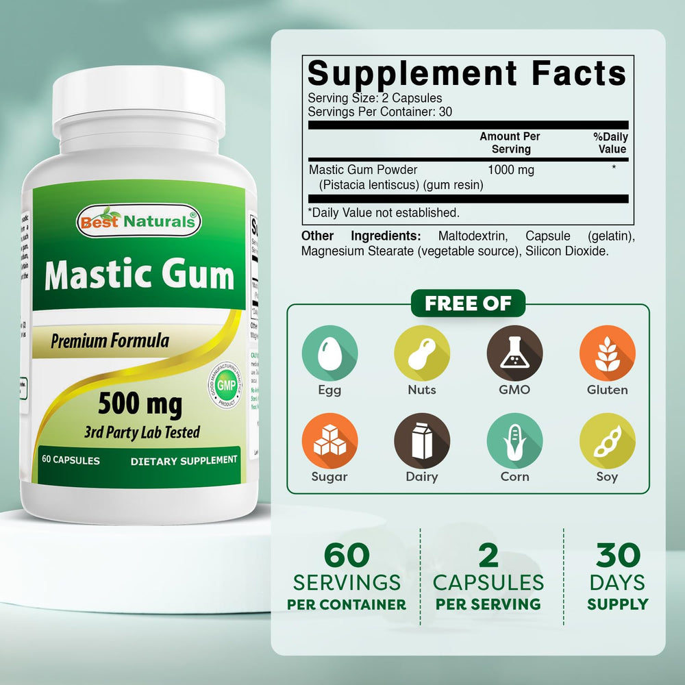 Best Naturals Mastic Gum 500 mg capsules closeup shows easy-to-swallow capsules for daily use