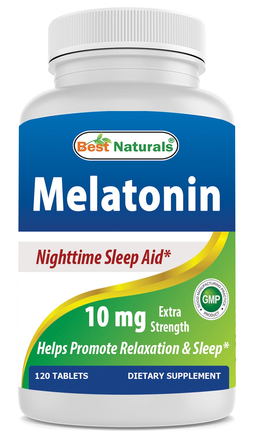 Best Naturals Melatonin 10mg bottle promotes a calm pre-sleep routine on the nightstand.