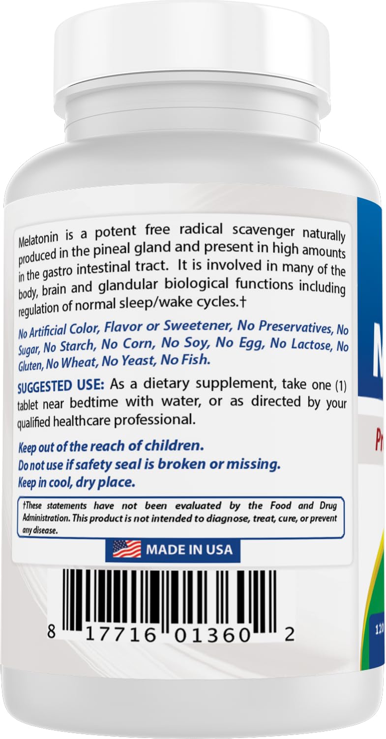 Best Naturals Melatonin 120-count bottle on nightstand ready for bedtime.