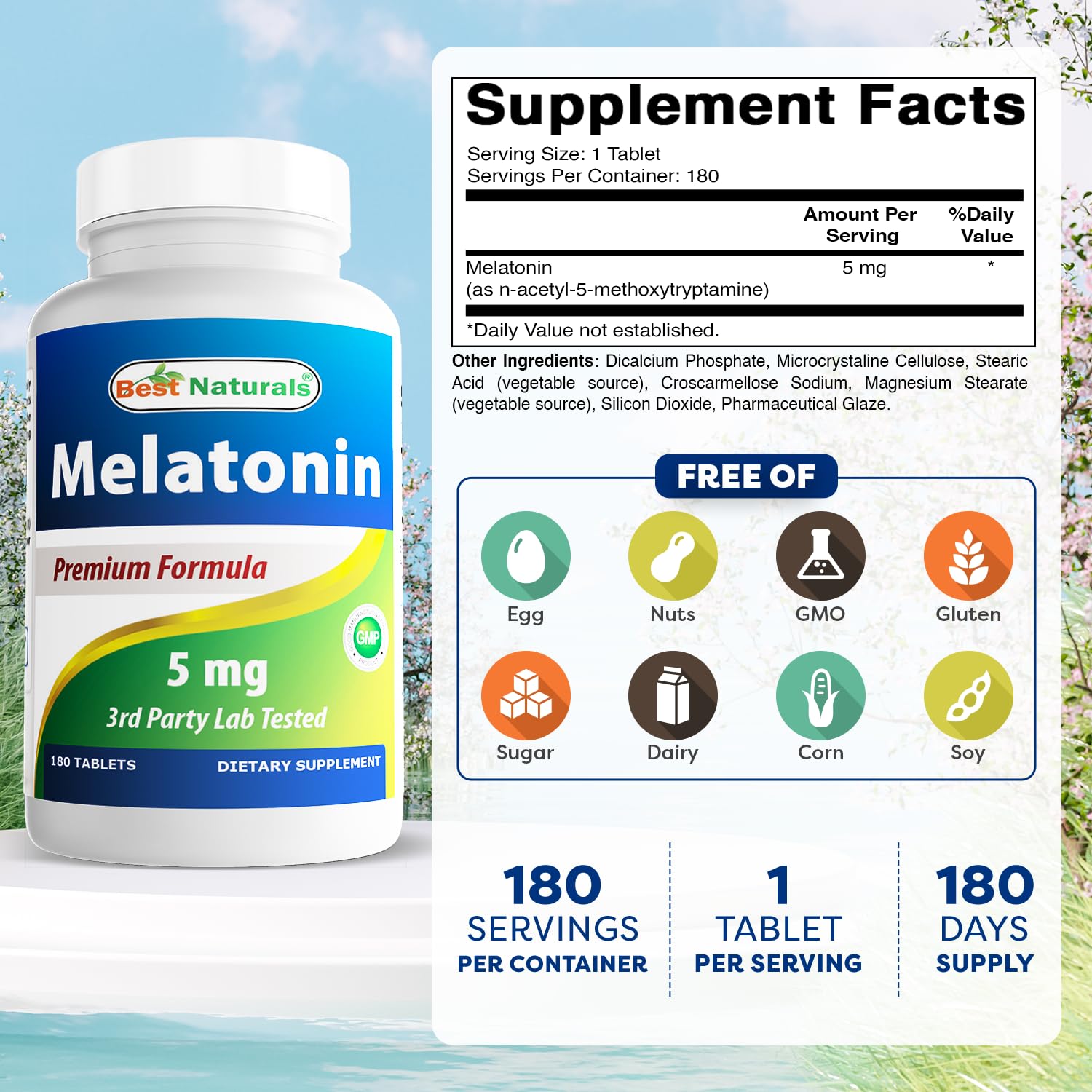 Best Naturals Melatonin 180 tabs packaging shows bulk supply and quality.