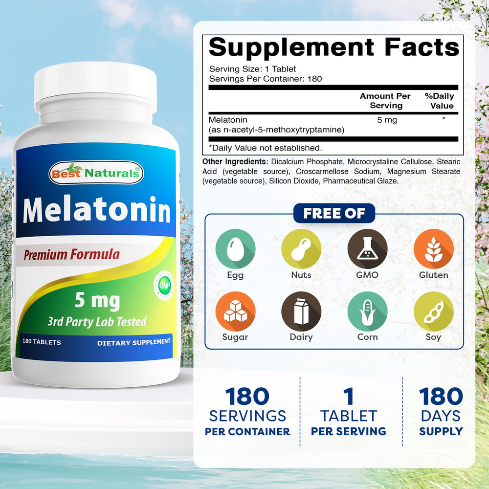 Best Naturals Melatonin 180 tabs packaging shows bulk supply and quality.