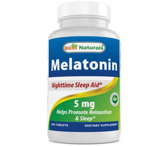 Best Naturals Melatonin 5 mg tablet bottle close-up for a calm night routine.