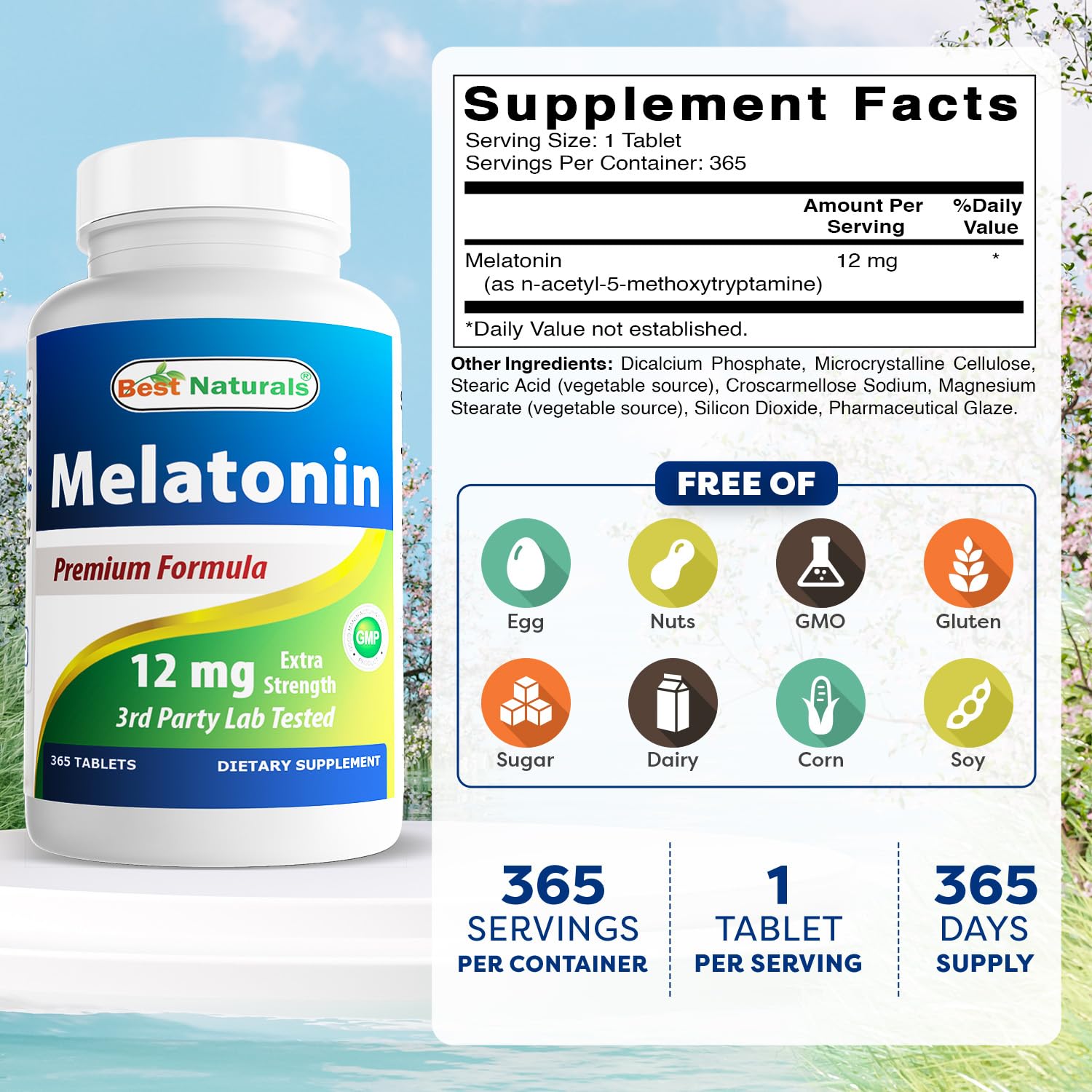 Etiqueta de Best Naturals Melatonina 12 mg con información clara para decisión segura