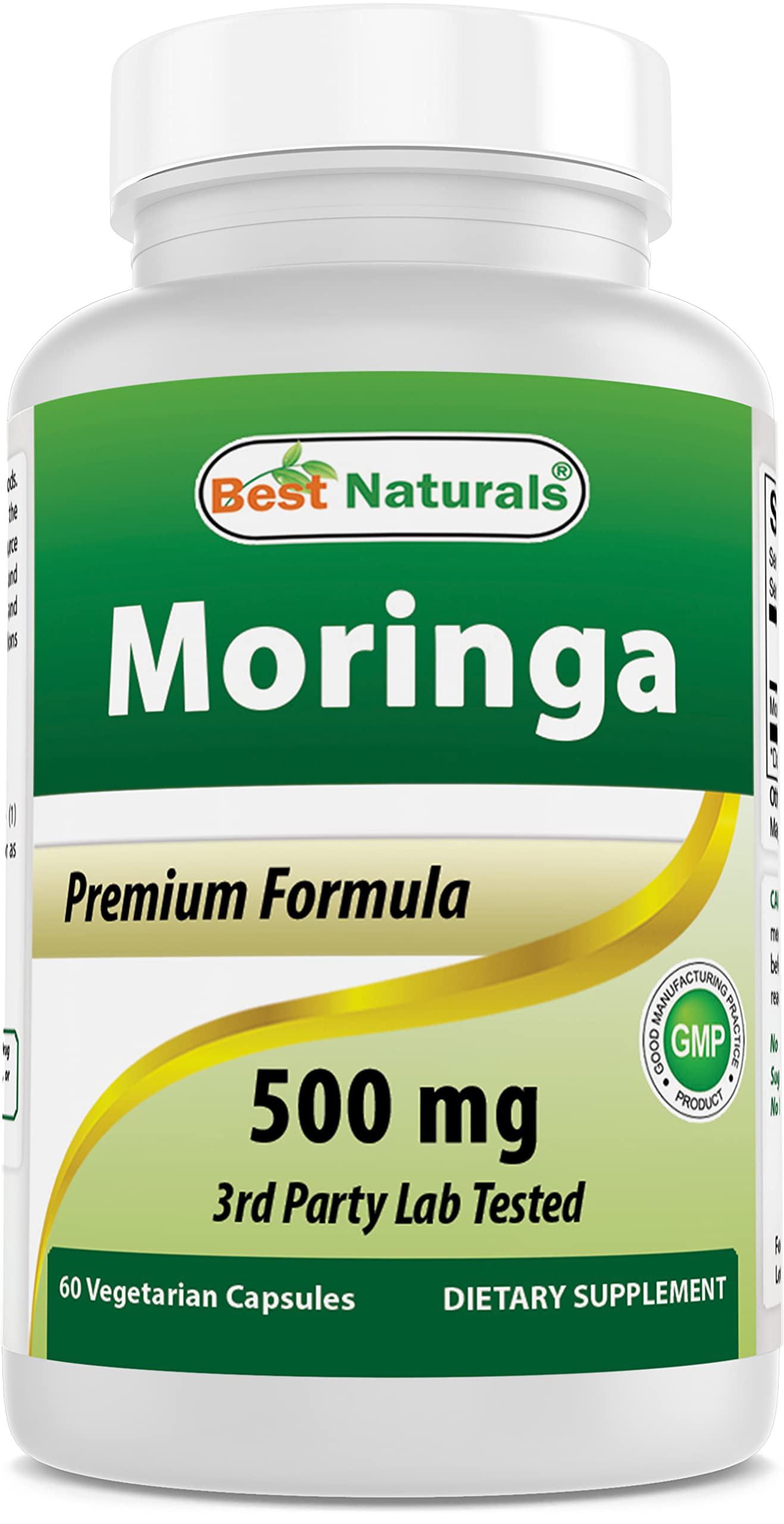 Best Naturals Moringa bottle label highlights 500 mg capsules for daily energy support.