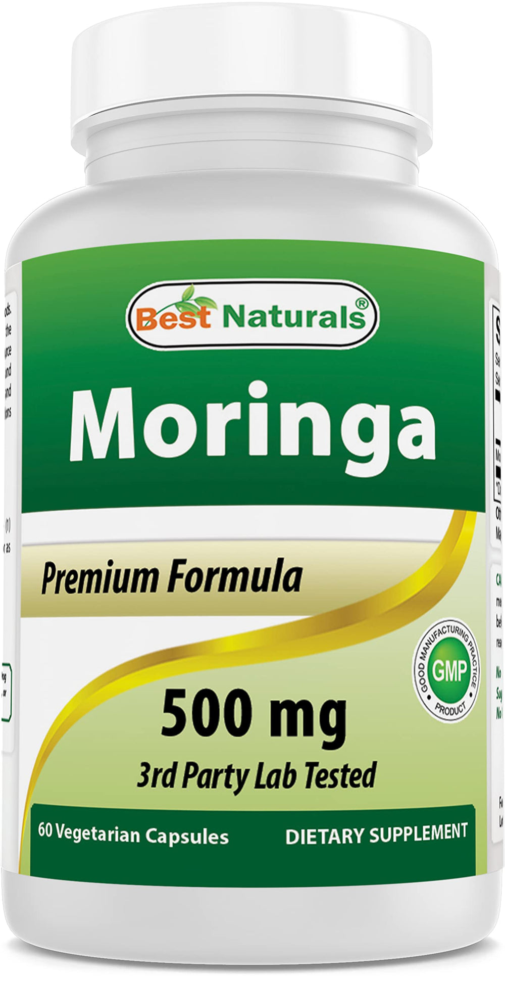 Best Naturals Moringa bottle label highlights 500 mg capsules for daily energy support.