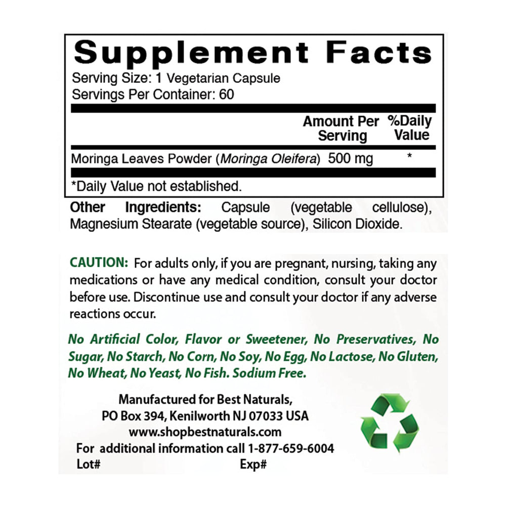 Best Naturals Moringa capsules closeup shows plant-based nutrition and purity.
