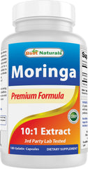 Best Naturals Moringa Extract bottle with capsules, showcasing 10-to-1 potency for daily nutrients.