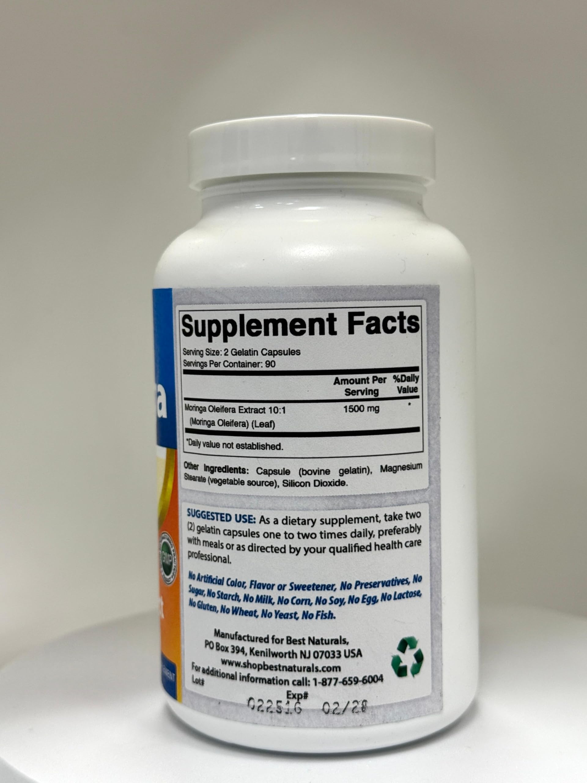 Best Naturals Moringa Extract bottle back view, informative label with nutrition details.