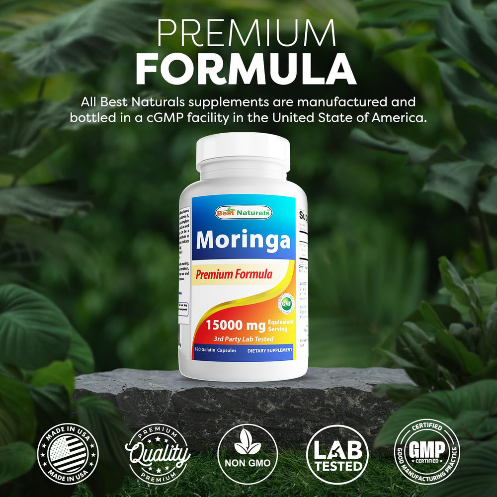 Best Naturals Moringa Extract bottle on table, a convenient daily supplement option.