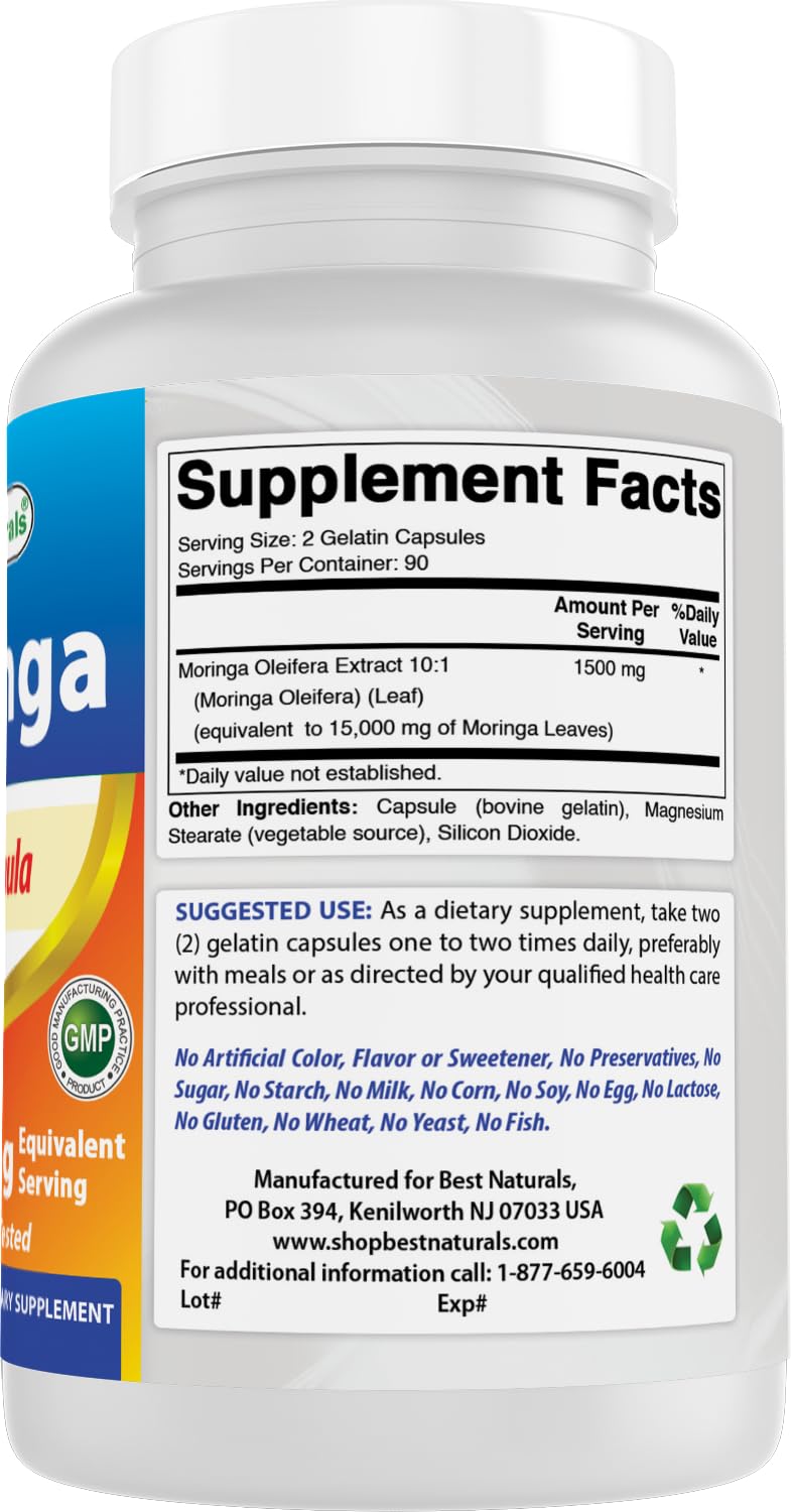 Best Naturals Moringa Extract arranged capsules, compact bottle ideal for home or travel.