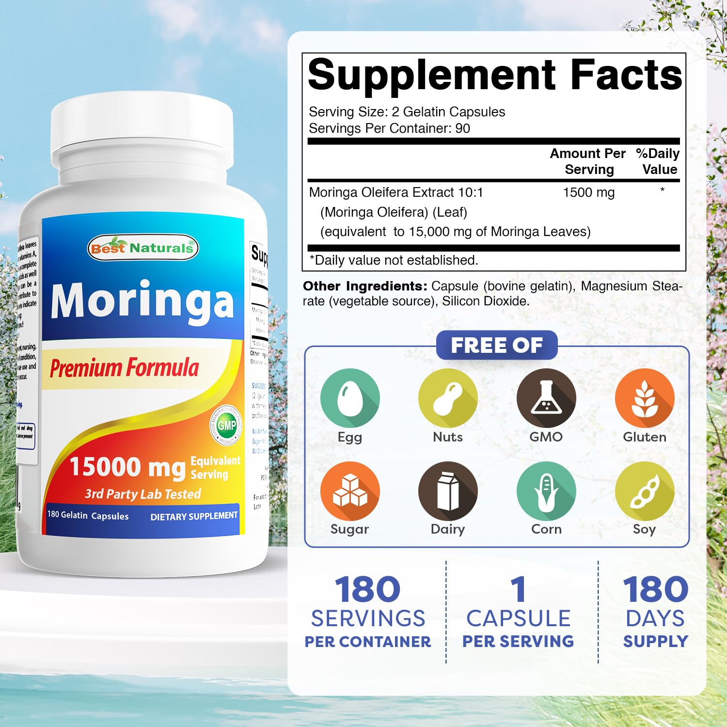 Best Naturals Moringa Extract capsules closeup, emphasizing purity and natural energy support.
