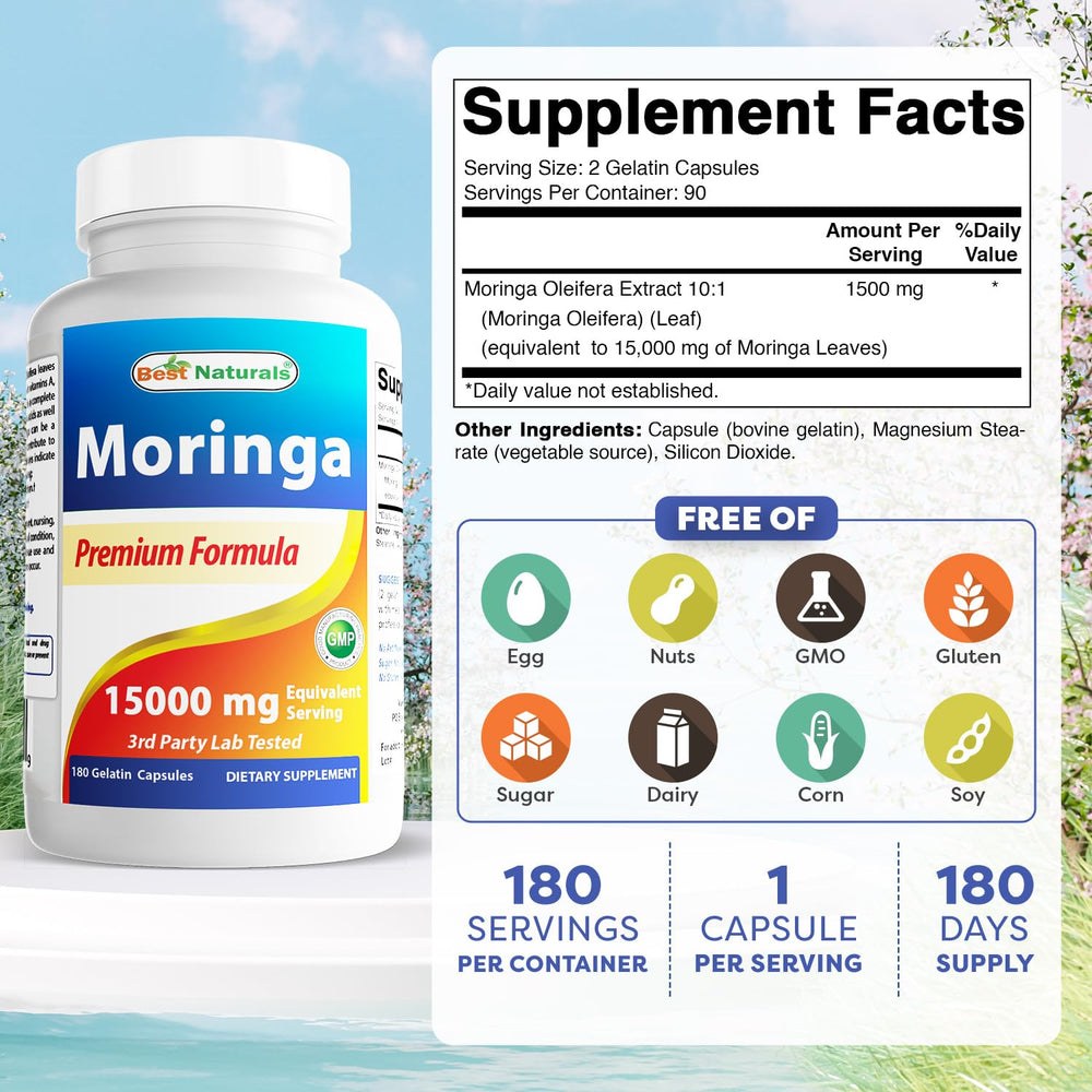 Best Naturals Moringa Extract capsules closeup, emphasizing purity and natural energy support.