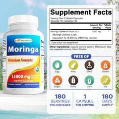 Best Naturals Moringa Extract capsules closeup, emphasizing purity and natural energy support.