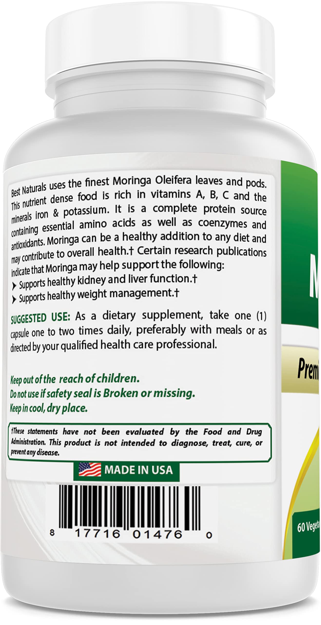 Best Naturals Moringa ingredients source notes non-GMO gluten-free formulation.