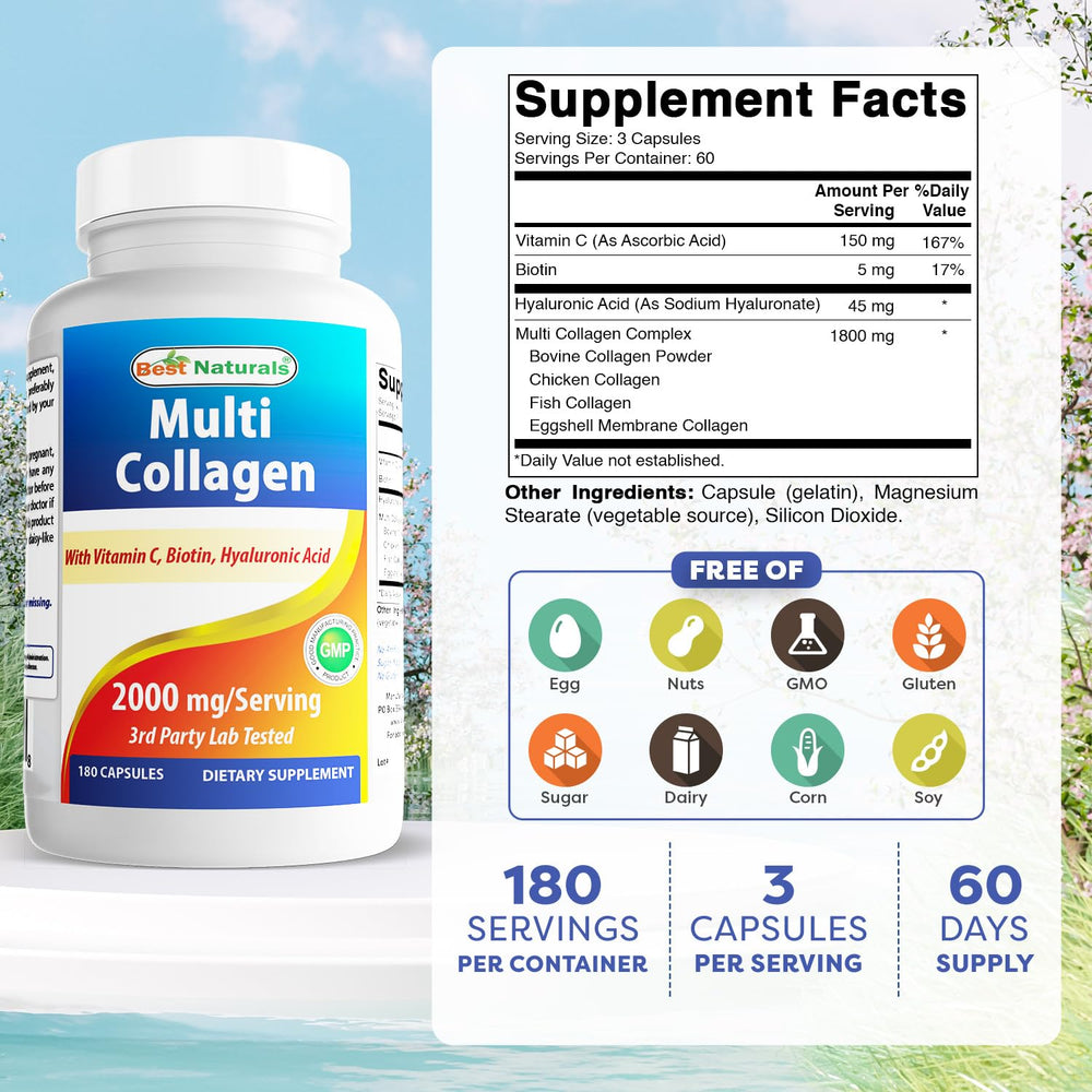Best Naturals Multi Collagen capsules closeup showing hydrolyzed peptides.
