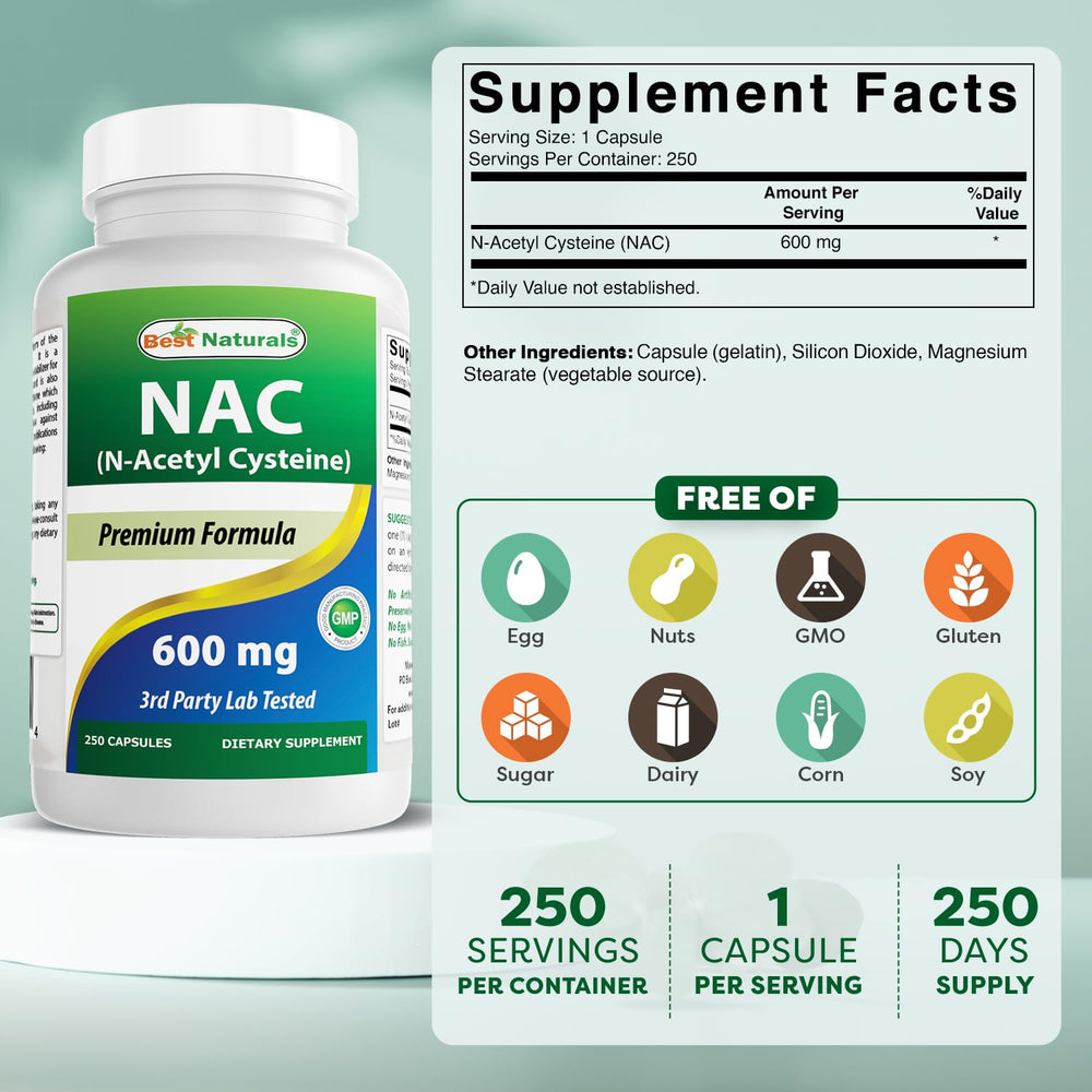 Best Naturals NAC 600 mg bottle back label with purity details.