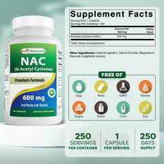 Best Naturals NAC bottle back showing dosage and USA-made quality.
