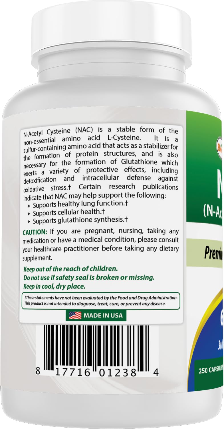 Best Naturals NAC 600 mg bottle on wood for premium packaging.