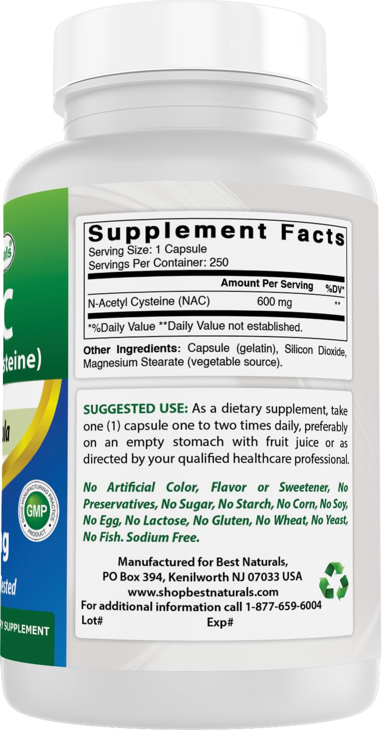 Best Naturals NAC 600 mg bottle produced in USA facility.