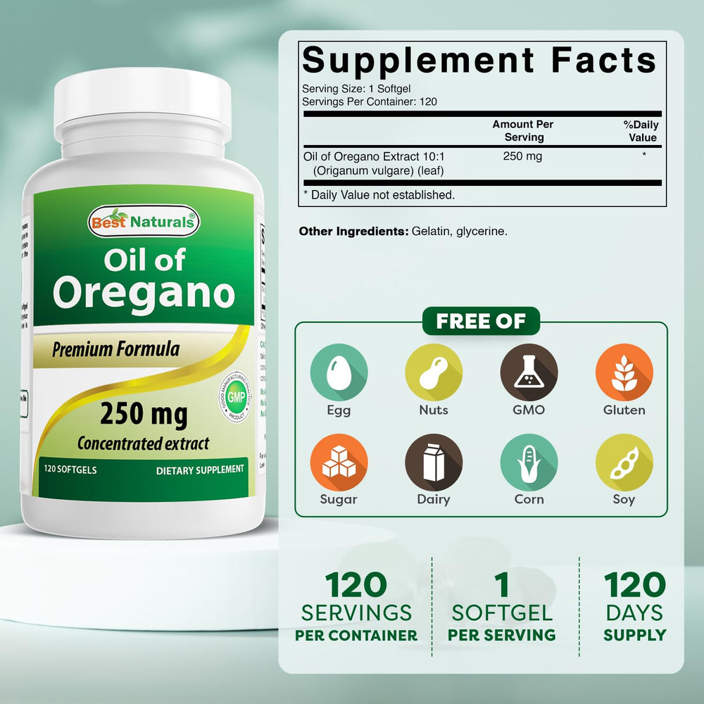 Close-up of Best Naturals oregano oil softgels capsules for easy daily use