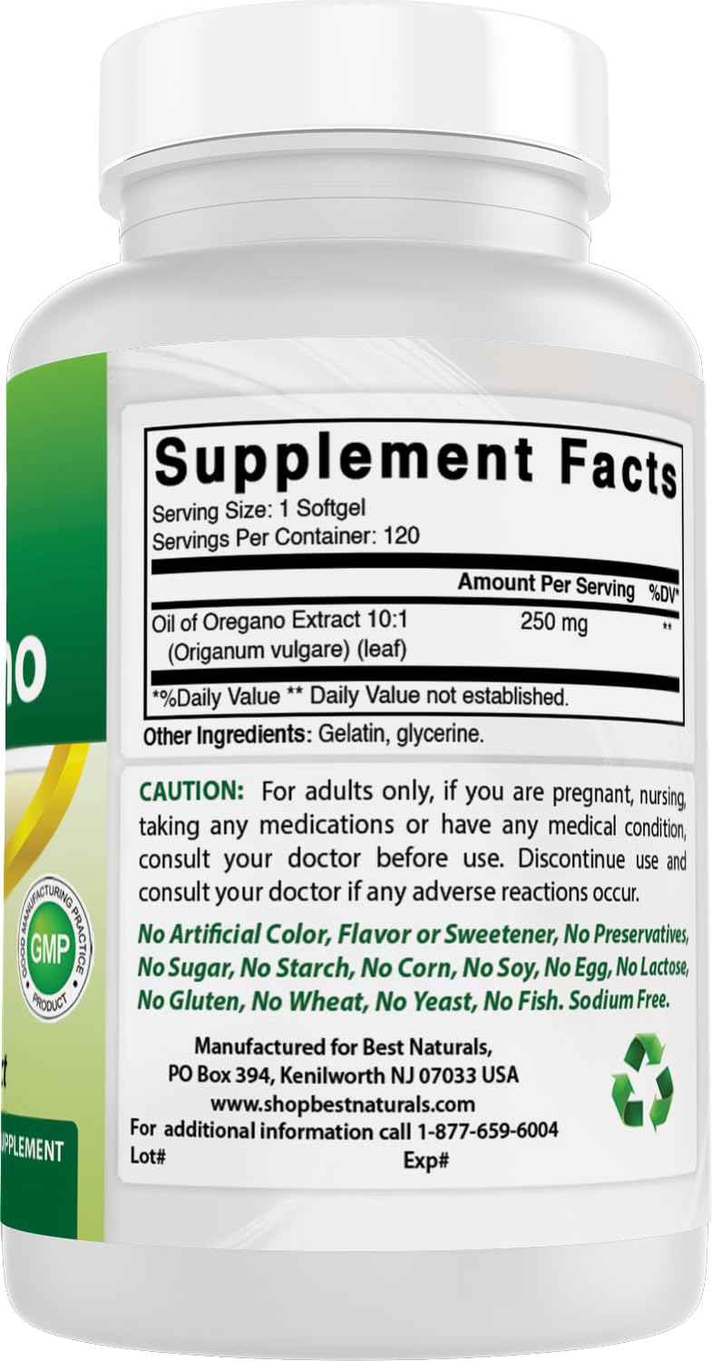 Best Naturals oregano oil softgels lab test seal indicating third-party testing