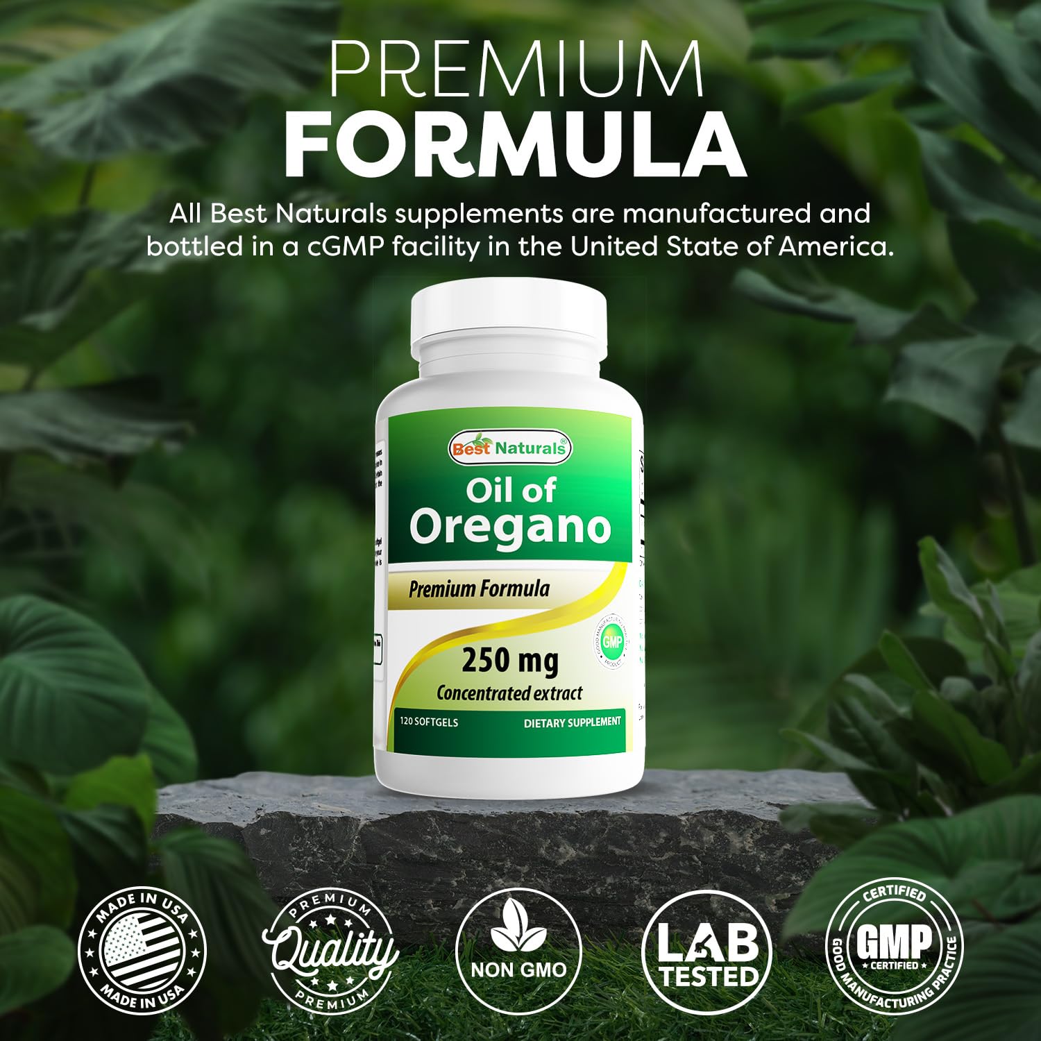 Best Naturals oregano oil softgels packaging emphasizing value and USA origin