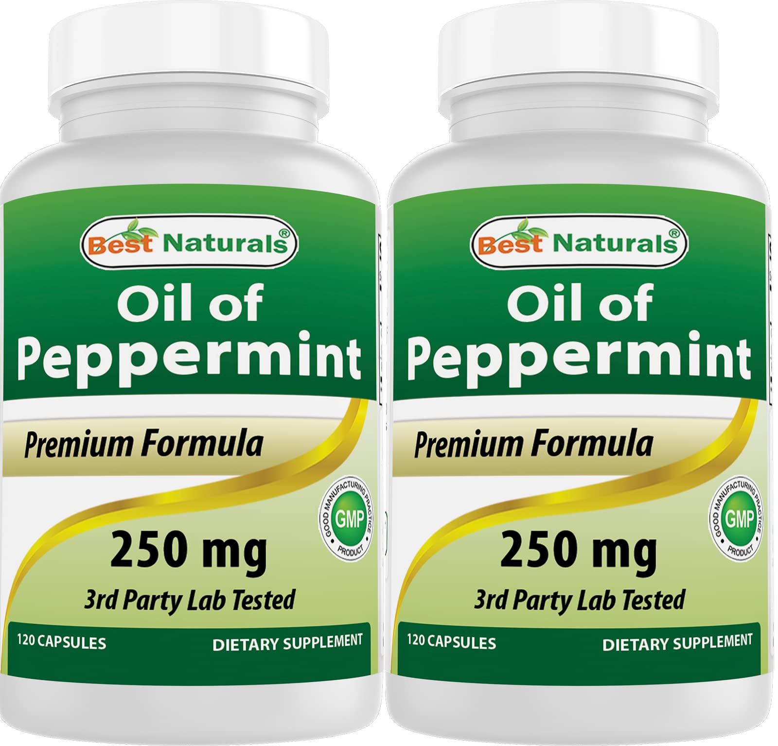 Best Naturals peppermint oil bottle shows 250 mg per capsule for daily use.