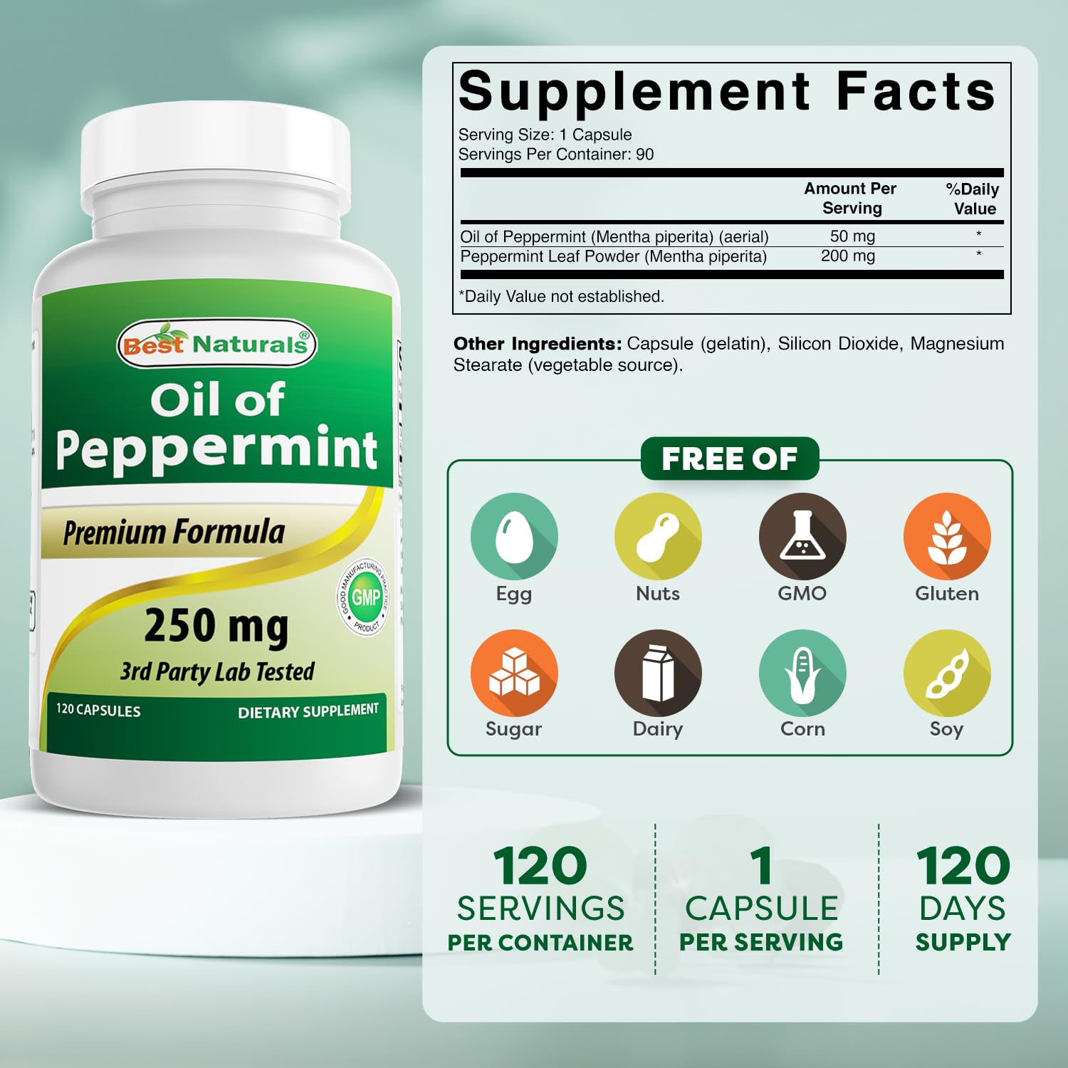 Close-up of Best Naturals peppermint oil capsules for easy, convenient dosing.
