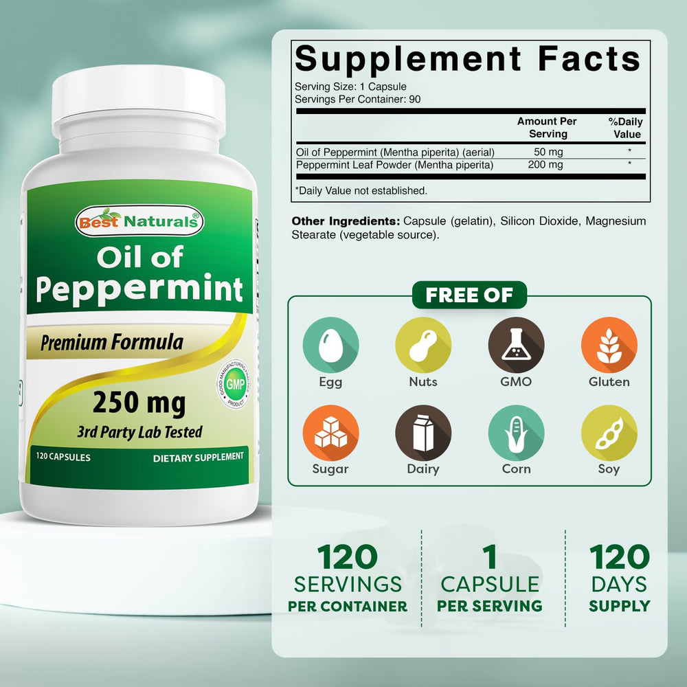 Close-up of Best Naturals peppermint oil capsules for easy, convenient dosing.