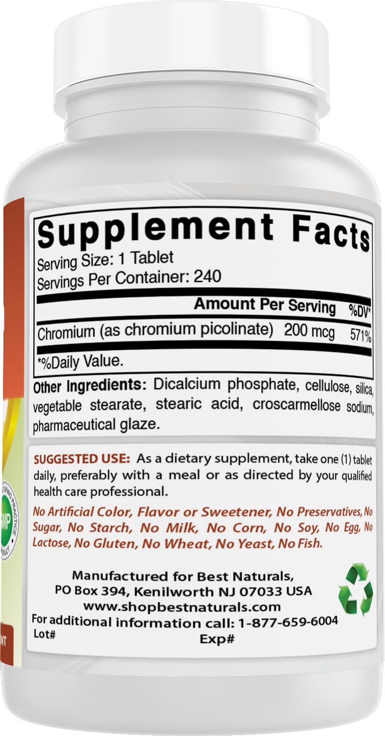 Best Naturals Picolinato de Cromo, envase con 240 tabletas y cantidad visible.