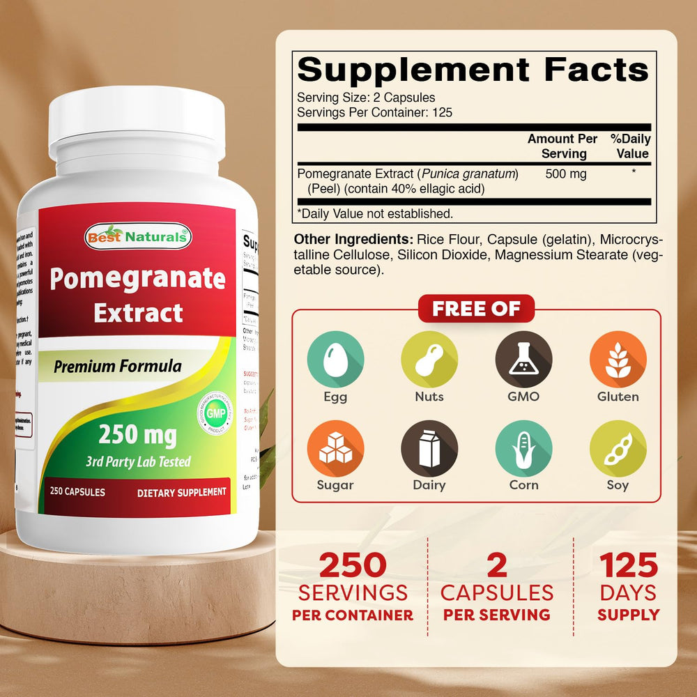 Best Naturals Pomegranate Extract capsules closeup highlights uniform capsules for dosing