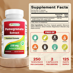 Best Naturals Pomegranate Extract capsules closeup highlights uniform capsules for dosing