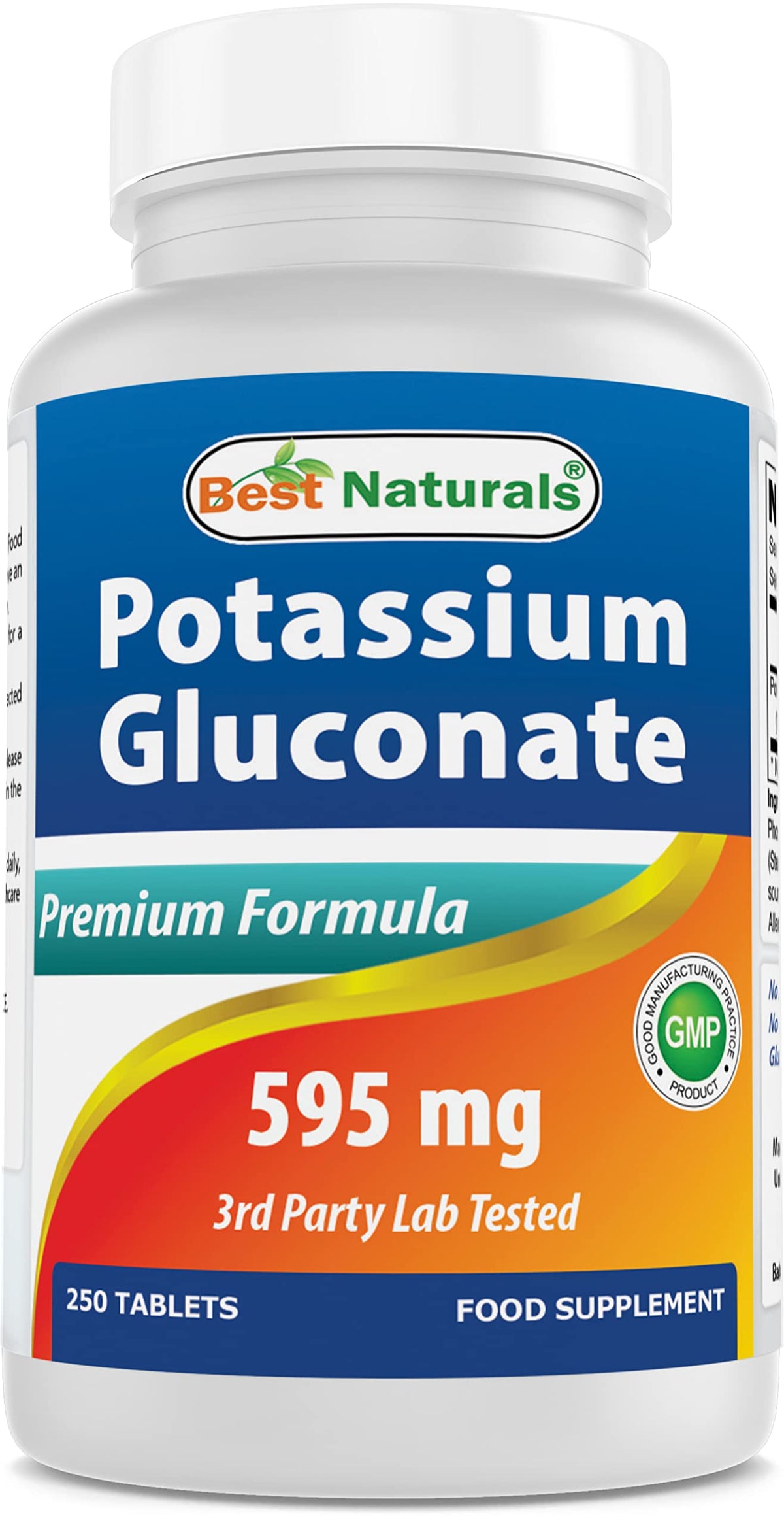 Best Naturals potassium gluconate tablet bottle shows purity for daily mineral intake.