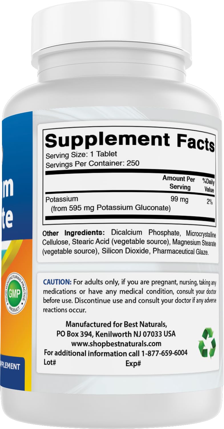 Best Naturals potassium gluconate tablet beside water glass—convenient daily supplement.