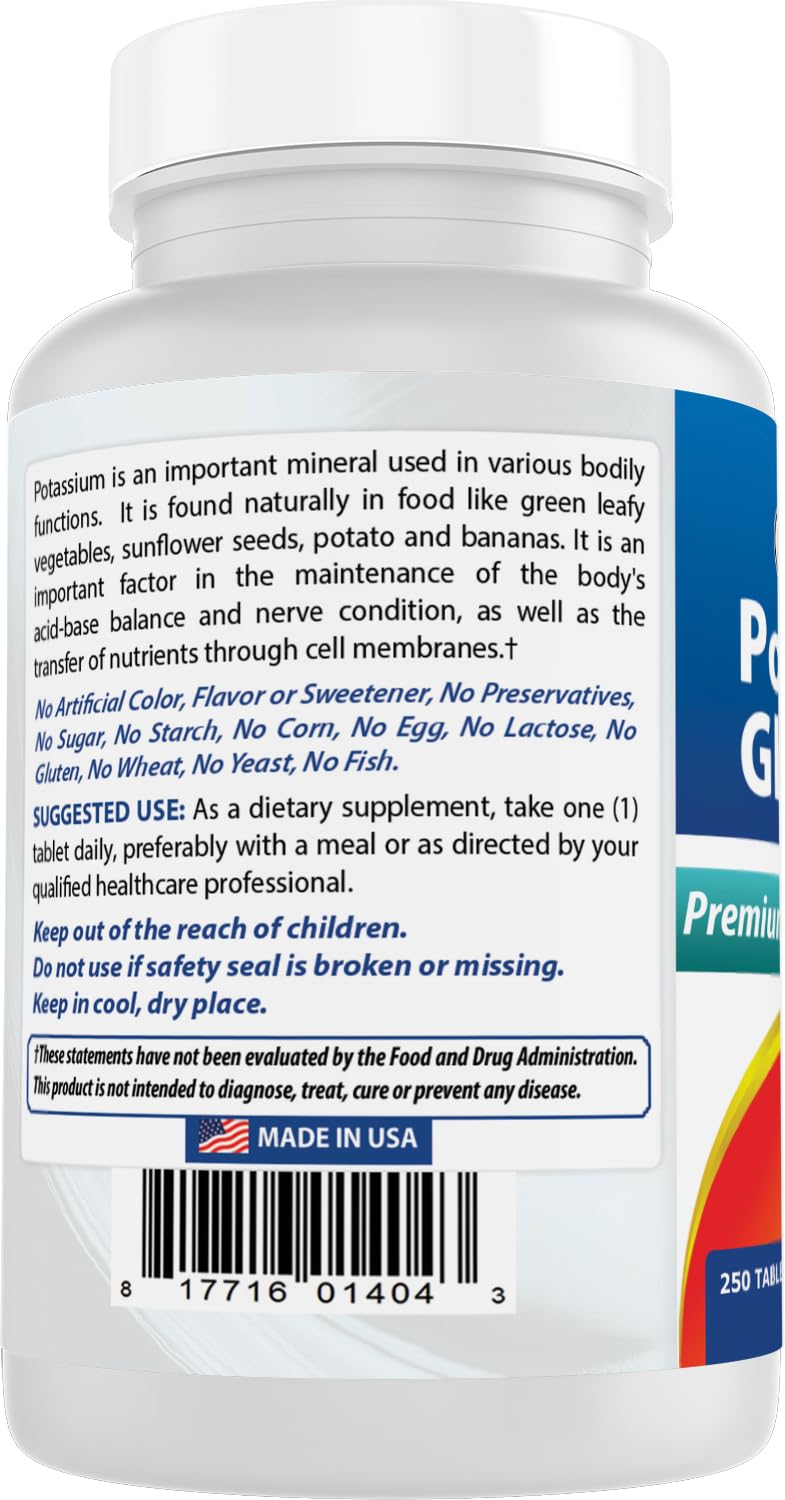 Best Naturals potassium gluconate ingredients panel—non-GMO and gluten-free formula.