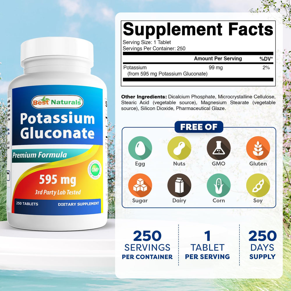 Best Naturals potassium gluconate label—gluten-free and non-GMO formulation.