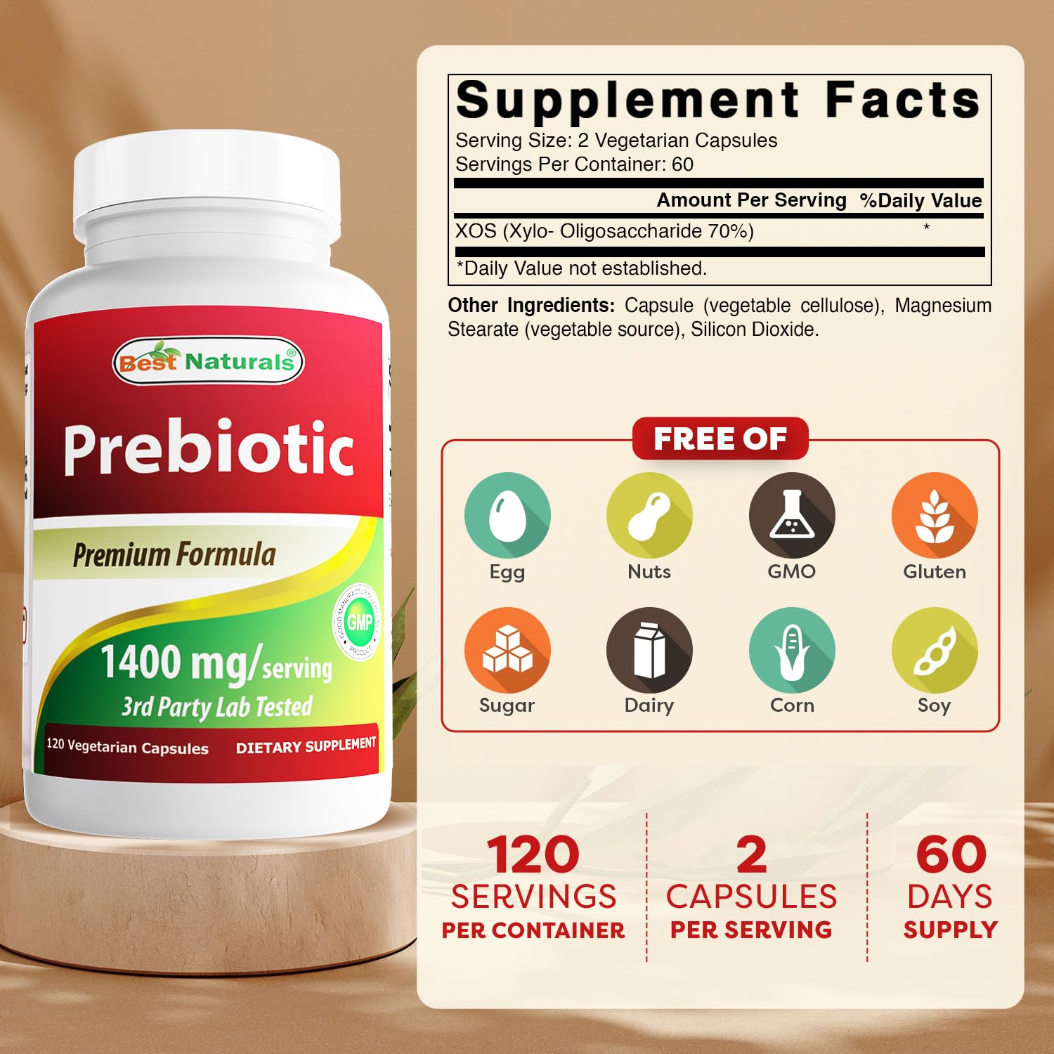 Best Naturals Prebiotics XOS bottle back shows purity and third-party testing