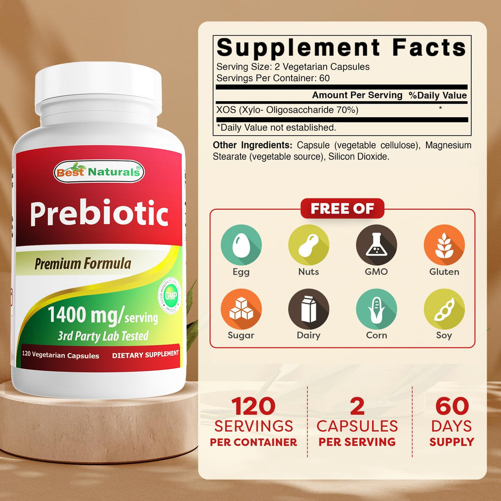 Best Naturals Prebiotics XOS bottle back shows purity and third-party testing
