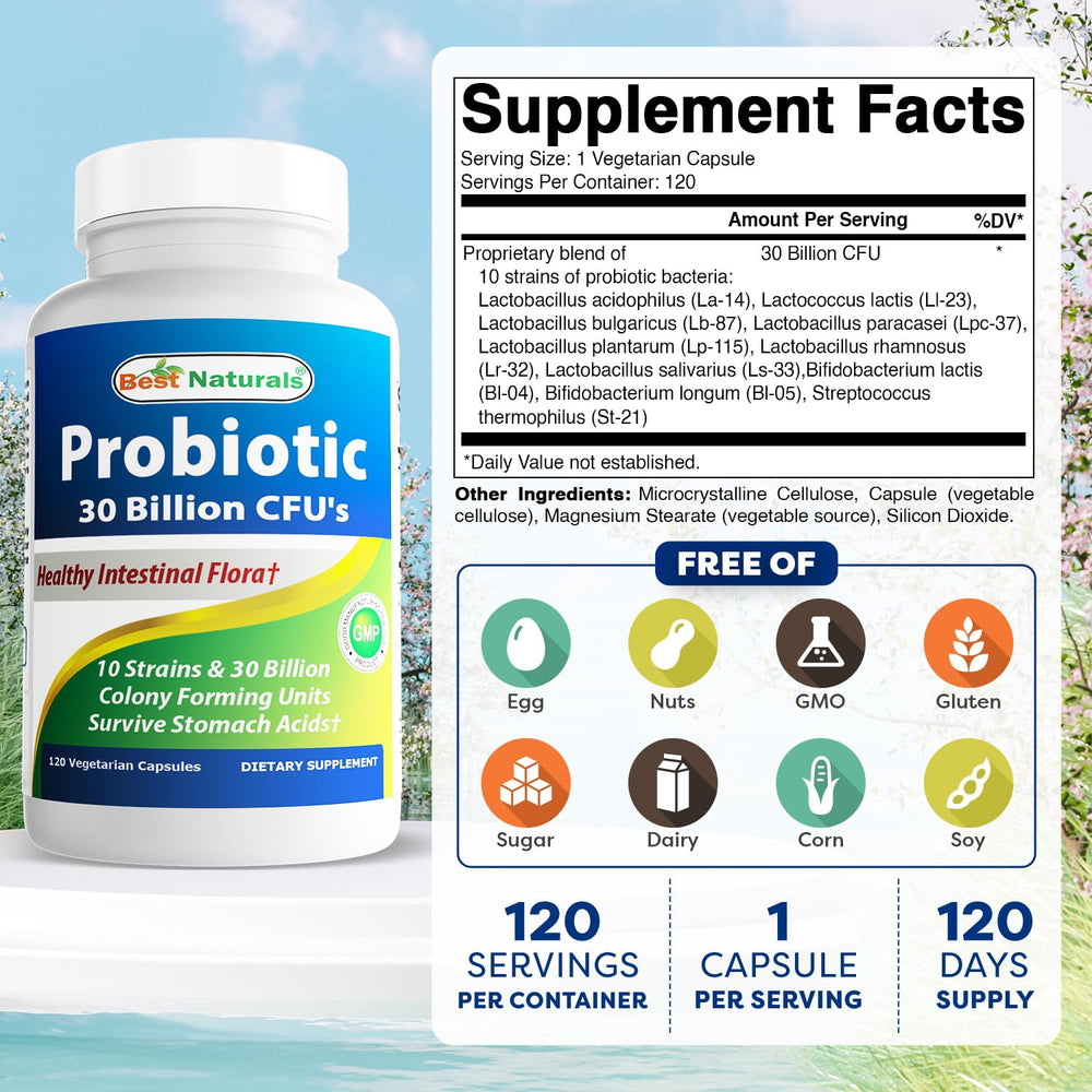 Best Naturals Probiotic bottle back showing strains and dosage information