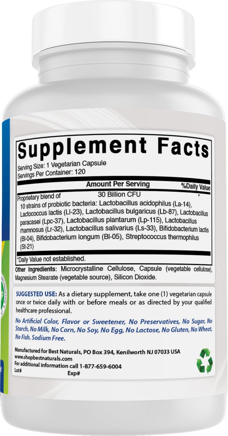 Best Naturals probiotic label highlighting gluten-free and non-GMO