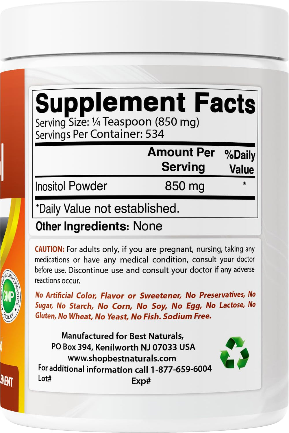 Packaging close-up of Best Naturals Inositol powder emphasizes USA-made GMP compliance.