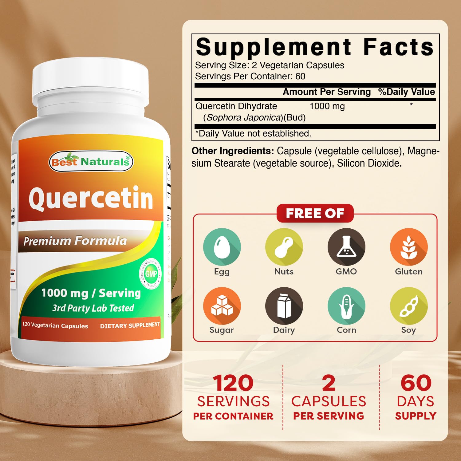 Best Naturals Quercetin 1000 mg capsules closeup, vegan formula for everyday wellness.