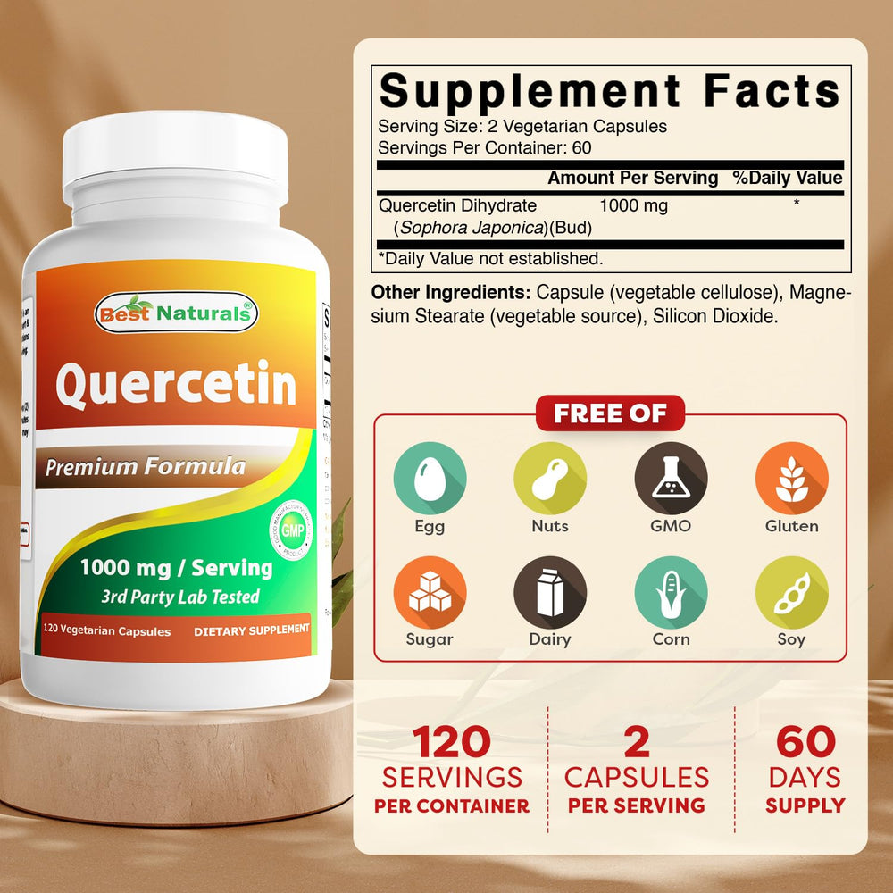 Best Naturals Quercetin 1000 mg capsules closeup, vegan formula for everyday wellness.