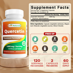 Best Naturals Quercetin 1000 mg capsules closeup, vegan formula for everyday wellness.