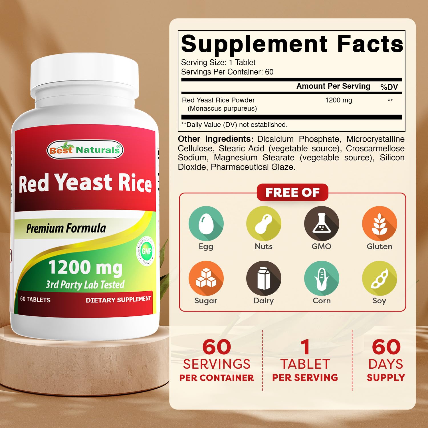 Best Naturals Red Yeast Rice bottle 60 tablets, convenient daily supplement for balance.