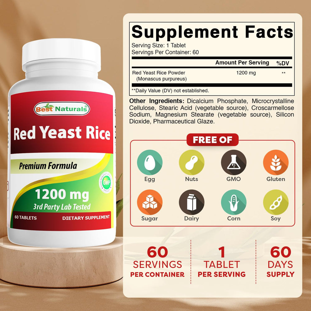 Best Naturals Red Yeast Rice bottle 60 tablets, convenient daily supplement for balance.